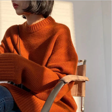 Getadme-Autumn and winter new round neck 100% pure cashmere sweater pullover women's thick loose knitting